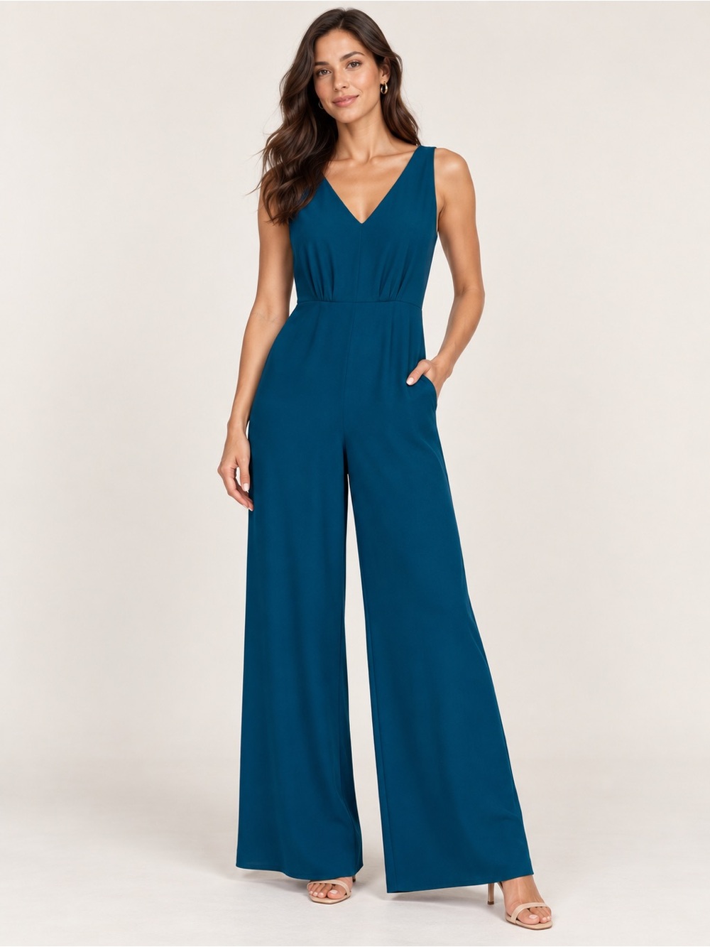 BCBGMaxAzria Teal V-Neck Wide-Leg Jumpsuit xs